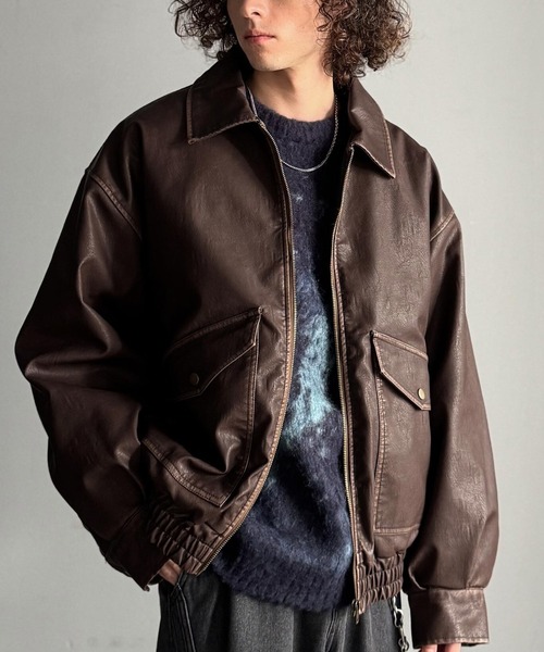 セール】ヴィンテージ フェイクレザー 中綿入り ライダースブルゾン