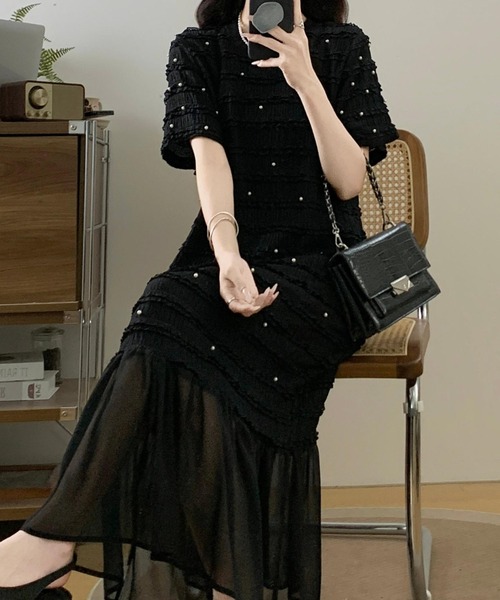 Aelina(エリナ)の「クルーネック半袖ワンピース(ワンピース・レディース・ブラック・L/XL/XXL)」の9枚目の写真