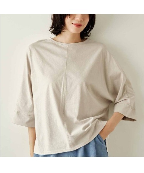 IEDIT(イディット)の「IEDIT UVカット・接触冷感機能の綿100%国産ドルマンTシャツ(Tシャツ/カットソー・レディース・カーキ/グレイッシュベージュ/スミクロ・3L/L/LL/M/S/4L)」の3枚目の写真