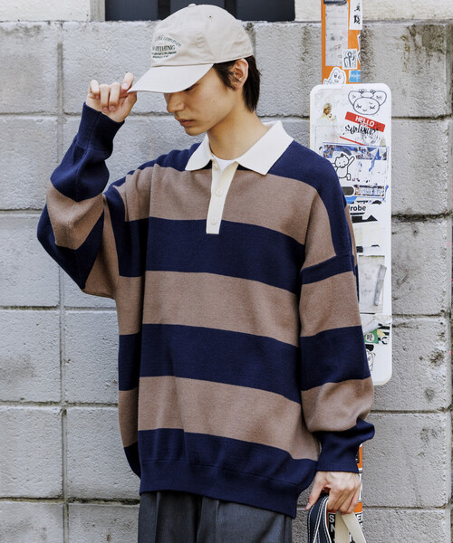 限定展開 ビッグシルエット ボーダー ニット ラガーシャツ