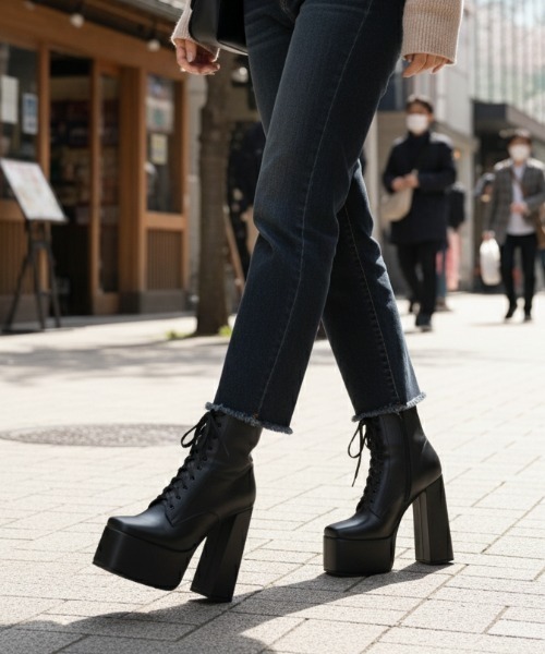 DURAS（デュラス）の「チャンキーヒールショートブーツ/レースアップブーツ（ブーツ・レディース・ブラック・LARGE/MEDIUM）」の8枚目の写真