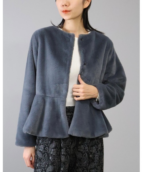 セール】ペプラムエコファーフェイクファージャケット（ノーカラー