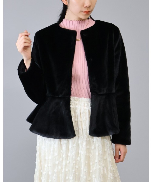 セール】ペプラムエコファーフェイクファージャケット（ノーカラー