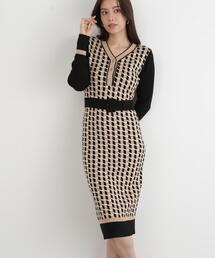 新品 ピンキー&ダイアン ジオメトリックボーダーレースワンピース カーキ 38 新品 ピンキー&ダイアン ジオメトリックボーダーレースワンピース