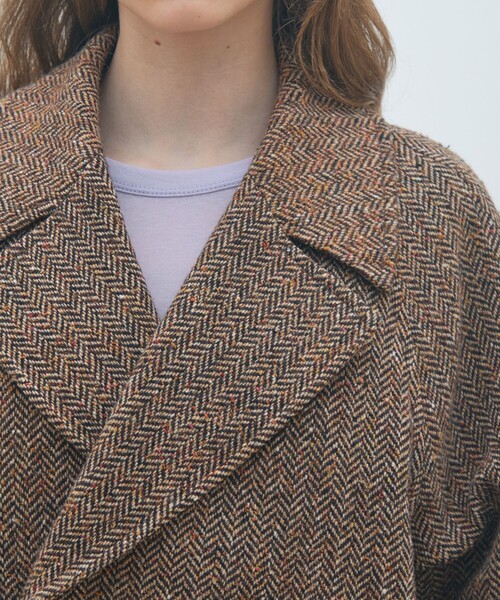 カラーネップヘリンボーン ダブルブレストロングコート（チェスター