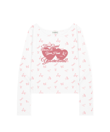ESCAPEFROM（エスケープフロム）の「Blur Heart Text and Pink Ribbon Full Print Slim Fit Boat Neck Long Sleeve Ivory（Tシャツ/カットソー）」