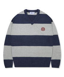 XTONZ（エクストーンズ）の「XTK170 Striped V-Neck Pullover Knit (NAVY)（ニット/セーター・メンズ）」