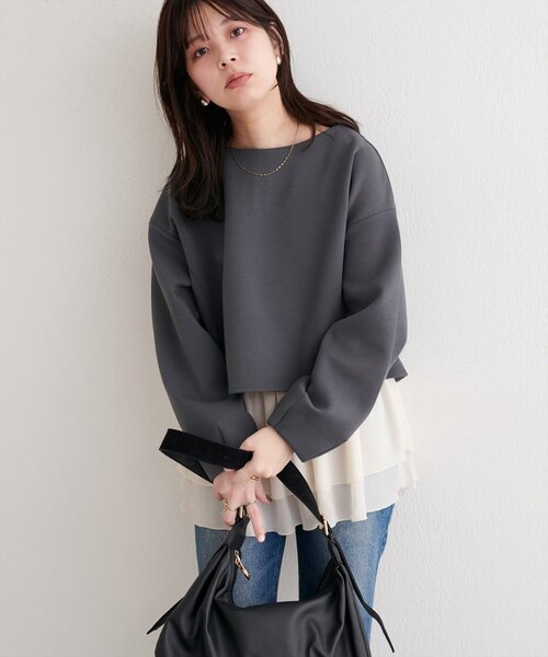 natural couture（ナチュラルクチュール）の「ショート丈ダンボールプルオーバー+ペプラムキャミSET（Tシャツ/カットソー・レディース・ブラウン/オフホワイト/チャコールグレー/グレイッシュベージュ・FREE）」の12枚目の写真