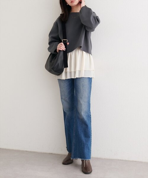 natural couture（ナチュラルクチュール）の「ショート丈ダンボールプルオーバー+ペプラムキャミSET（Tシャツ/カットソー・レディース・ブラウン/オフホワイト/チャコールグレー/グレイッシュベージュ・FREE）」の14枚目の写真