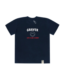GRAVER（グレーバー）の「[UNISEX] ARCH LOGO DOT LINE SMILE WHITE CLIP SHORT SLEEVE T-SHIRT_NAVY（Tシャツ/カットソー・メンズ）」