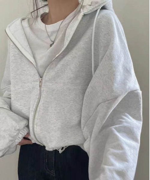 AMELY(エミリー)の「裏起毛 ドロスト ショート ジップアップ パーカー(パーカー・レディース・ブラック/オートミール/ブラウン/グレー・フリー)」の5枚目の写真