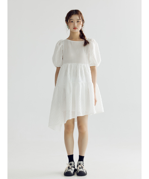 Check Puff Line Midi Dress _ White
