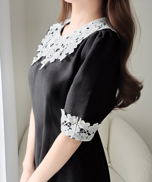 mily bilet(ミウィビレット)の「【mily bilet】贅沢な花柄レースが導く、大人の気品。襟配色レースリネンライクワンピース(ワンピース・レディース・ブラウン/グレー/アイボリー/ブラック・LARGE/MEDIUM/SMALL/X-LARGE)」の5枚目の写真