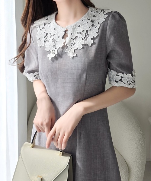 mily bilet(ミウィビレット)の「【mily bilet】贅沢な花柄レースが導く、大人の気品。襟配色レースリネンライクワンピース(ワンピース・レディース・ブラウン/グレー/アイボリー/ブラック・LARGE/MEDIUM/SMALL/X-LARGE)」の7枚目の写真