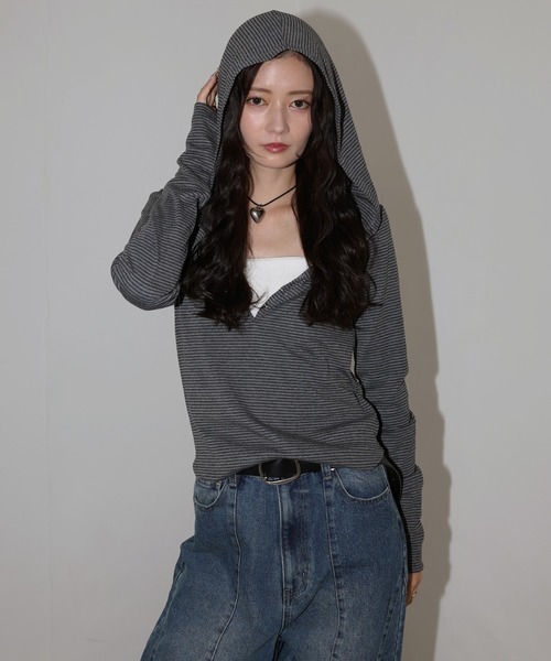 フード付きボーダーロングスリーブTシャツ（Tシャツ/カットソー