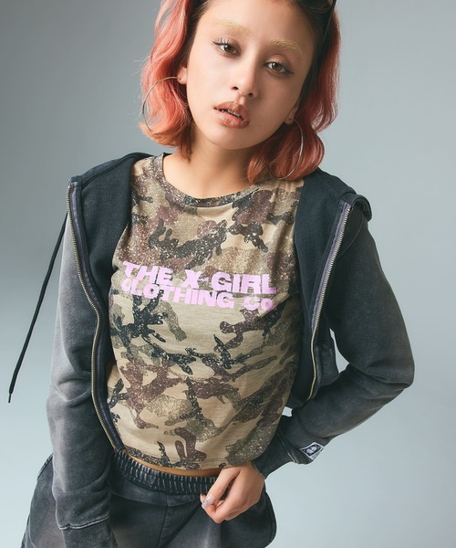 X-girl（エックスガール）の「FADED CAMO SHEER L/S TOP（Tシャツ/カットソー・レディース・ピンク/カモフラージュ・ONE SIZE）」の4枚目の写真