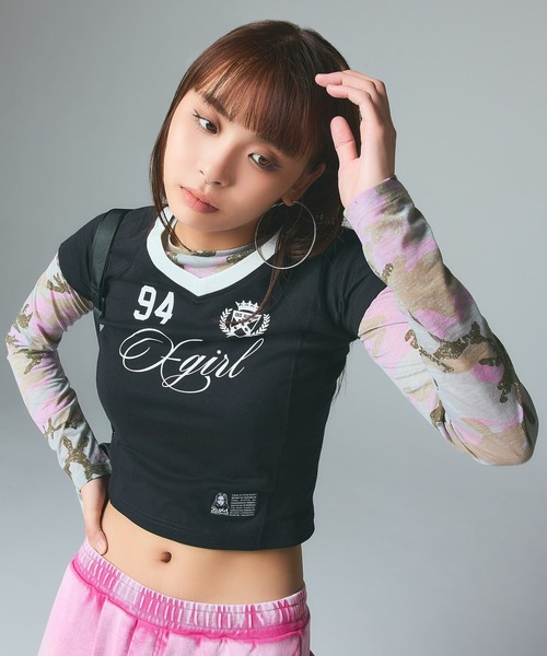 X-girl（エックスガール）の「FADED CAMO SHEER L/S TOP（Tシャツ/カットソー・レディース・ピンク/カモフラージュ・ONE SIZE）」の8枚目の写真