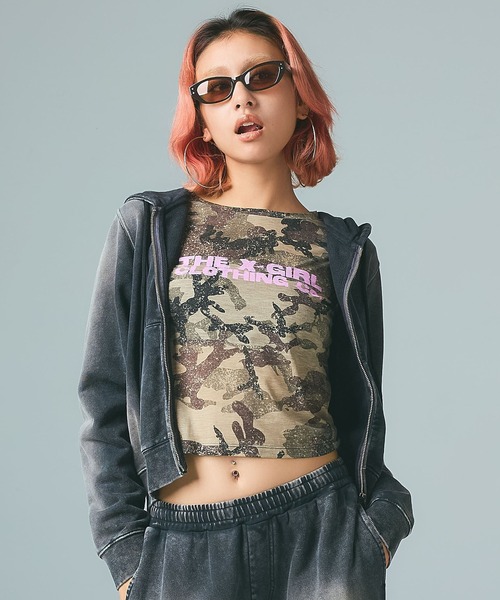 X-girl（エックスガール）の「FADED CAMO SHEER L/S TOP（Tシャツ/カットソー・レディース・ピンク/カモフラージュ・ONE SIZE）」の6枚目の写真