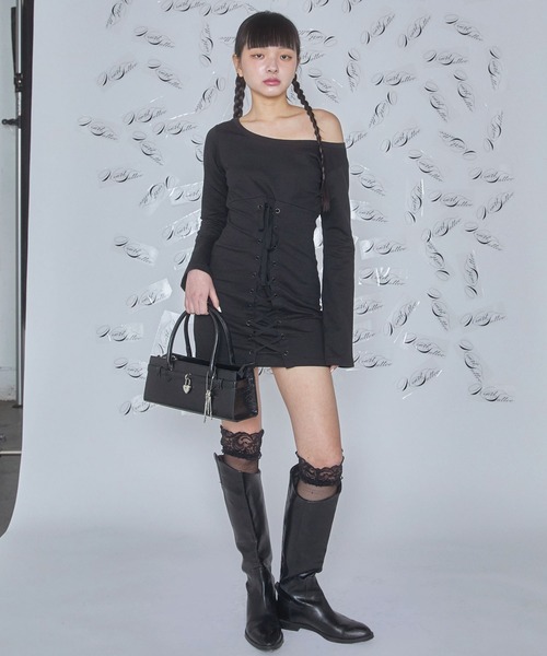 ワンピース Heart cut line lace mini onepiece lace up mini one-piece / レースアップミニワンピース（ワンピース