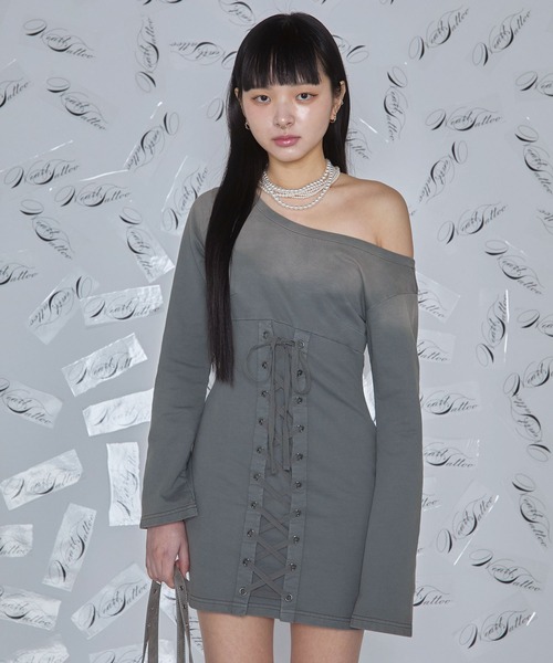 Heart Tattoo(ハートタトゥー)の「lace up mini one-piece / レースアップミニワンピース(ワンピース・レディース・グレー/ブラック・FREE)」の3枚目の写真