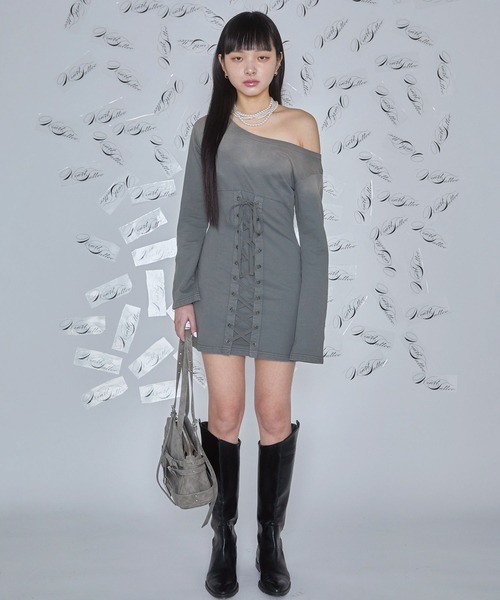Heart Tattoo(ハートタトゥー)の「lace up mini one-piece / レースアップミニワンピース(ワンピース・レディース・グレー/ブラック・FREE)」の7枚目の写真