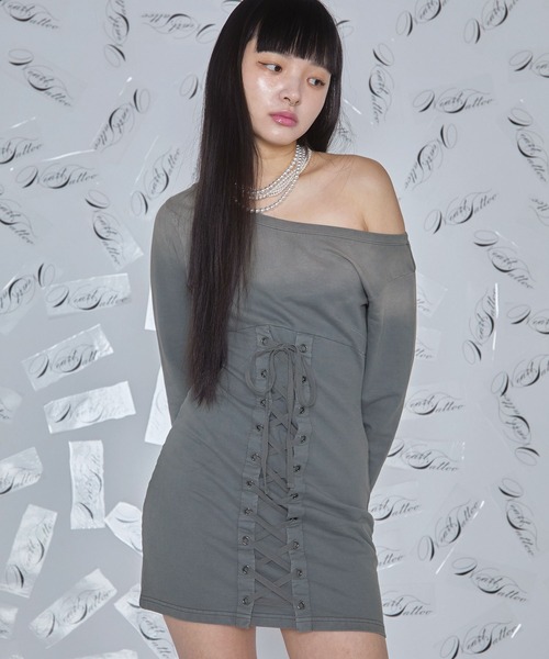 Heart Tattoo(ハートタトゥー)の「lace up mini one-piece / レースアップミニワンピース(ワンピース・レディース・グレー/ブラック・FREE)」の12枚目の写真