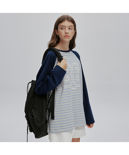 AFTERHOURS(アフターアワーズ)の「EMBROIDERY GRAPHIC STRIPE T-SHIRT (BLUE)(Tシャツ/カットソー・レディース・ブルー・SMALL/MEDIUM)」の1枚目の写真
