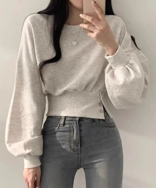 semuse(セミューズ)の「ウエストボタンクロップド丈トップス(Tシャツ/カットソー・レディース・オートミール/グレー・M/L)」の3枚目の写真