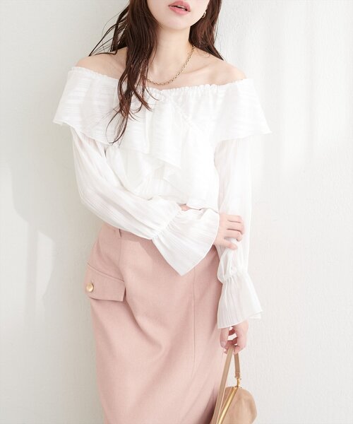 natural couture（ナチュラルクチュール）の「ランダムシアーストライプクロスフリルブラウス（シャツ/ブラウス・レディース・ブラック/サックスブルー/ピンク/オフホワイト/イエロー/ミント・FREE）」の8枚目の写真