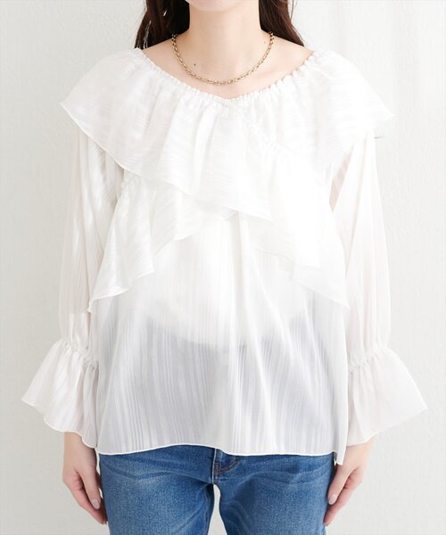 natural couture（ナチュラルクチュール）の「ランダムシアーストライプクロスフリルブラウス（シャツ/ブラウス・レディース・ブラック/サックスブルー/ピンク/オフホワイト/イエロー/ミント・FREE）」の11枚目の写真