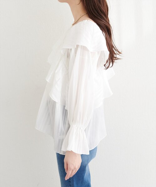 natural couture（ナチュラルクチュール）の「ランダムシアーストライプクロスフリルブラウス（シャツ/ブラウス・レディース・ブラック/サックスブルー/ピンク/オフホワイト/イエロー/ミント・FREE）」の12枚目の写真