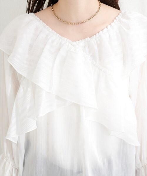 natural couture（ナチュラルクチュール）の「ランダムシアーストライプクロスフリルブラウス（シャツ/ブラウス・レディース・ブラック/サックスブルー/ピンク/オフホワイト/イエロー/ミント・FREE）」の14枚目の写真