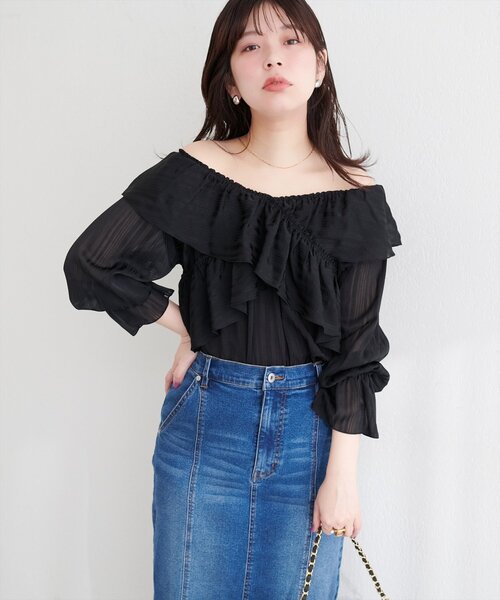 natural couture（ナチュラルクチュール）の「ランダムシアーストライプクロスフリルブラウス（シャツ/ブラウス・レディース・ブラック/サックスブルー/ピンク/オフホワイト/イエロー/ミント・FREE）」の20枚目の写真