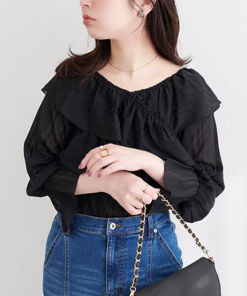 natural couture（ナチュラルクチュール）の「ランダムシアーストライプクロスフリルブラウス（シャツ/ブラウス・レディース・ブラック/サックスブルー/ピンク/オフホワイト/イエロー/ミント・FREE）」の21枚目の写真