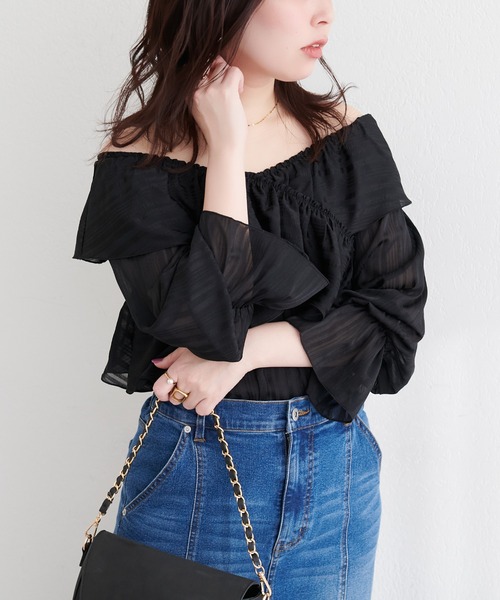 natural couture（ナチュラルクチュール）の「ランダムシアーストライプクロスフリルブラウス（シャツ/ブラウス・レディース・ブラック/サックスブルー/ピンク/オフホワイト/イエロー/ミント・FREE）」の2枚目の写真