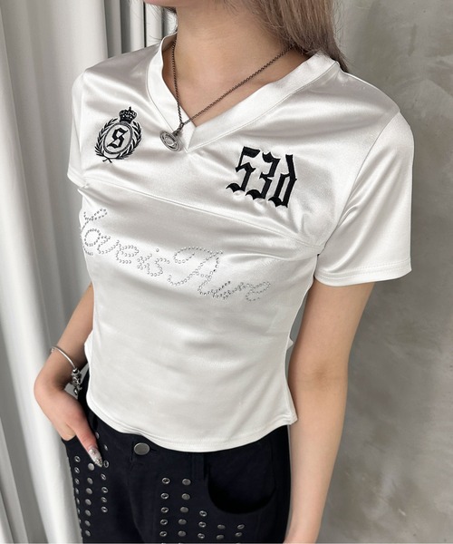 sedacle girl(セダクルガール)の「ラインストーンユニフォームT(Tシャツ/カットソー・レディース・ブラック/オフホワイト・MEDIUM/SMALL)」の2枚目の写真