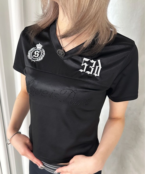 sedacle girl(セダクルガール)の「ラインストーンユニフォームT(Tシャツ/カットソー・レディース・ブラック/オフホワイト・MEDIUM/SMALL)」の1枚目の写真