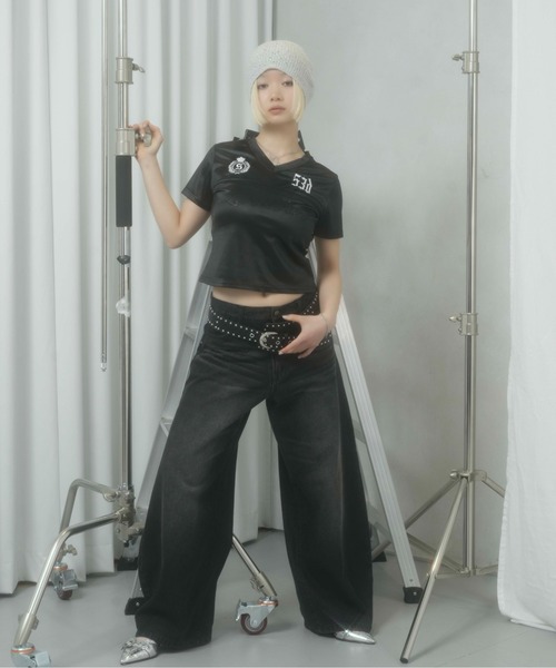 sedacle girl(セダクルガール)の「ラインストーンユニフォームT(Tシャツ/カットソー・レディース・ブラック/オフホワイト・MEDIUM/SMALL)」の4枚目の写真