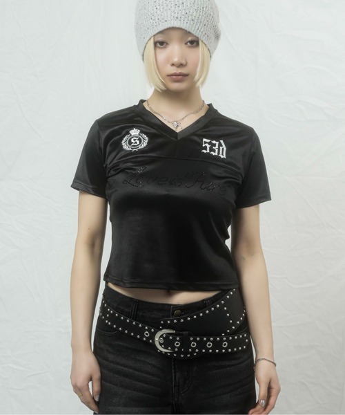 sedacle girl(セダクルガール)の「ラインストーンユニフォームT(Tシャツ/カットソー・レディース・ブラック/オフホワイト・MEDIUM/SMALL)」の12枚目の写真