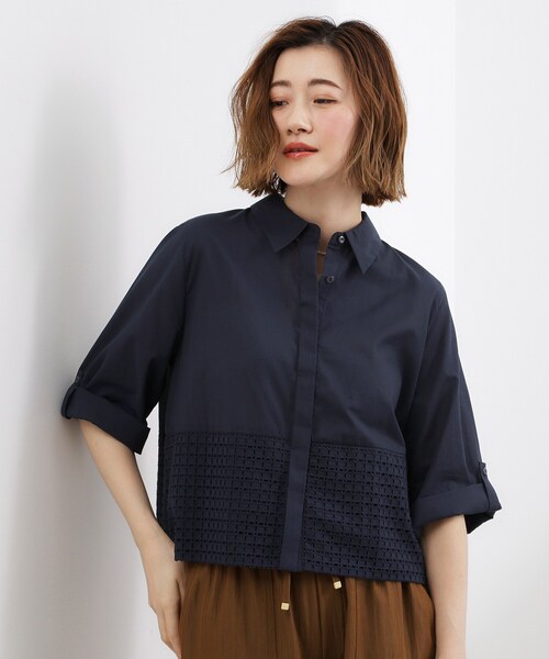 grove(グローブ)の「【SETUP可】レースドッキングシャツ(シャツ/ブラウス・レディース・ネイビー/オレンジ/オフホワイト・02/03/01/05/04)」の1枚目の写真