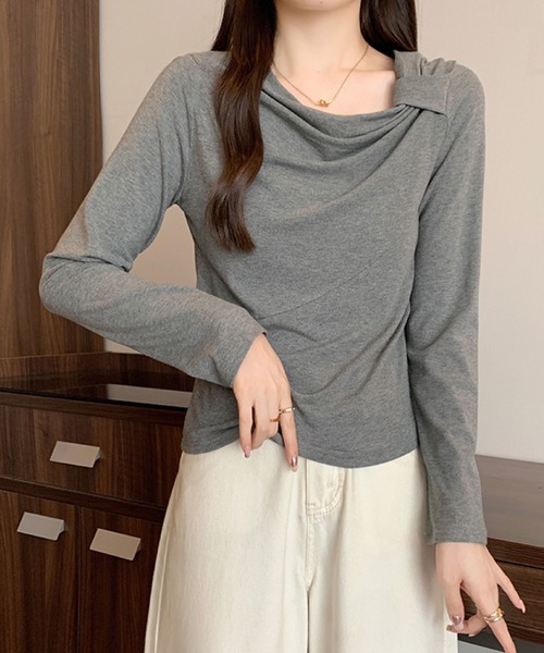 2ly2（トゥーリートゥー）の「ドレープネック リボンデザイン 長袖トップス / ドレープカットソー（Tシャツ/カットソー・レディース・ボルドー/ホワイト/ブラック/ダークグレー・FREE）」の13枚目の写真