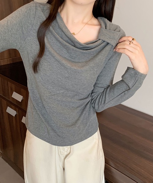 2ly2（トゥーリートゥー）の「ドレープネック リボンデザイン 長袖トップス / ドレープカットソー（Tシャツ/カットソー・レディース・ボルドー/ホワイト/ブラック/ダークグレー・FREE）」の14枚目の写真