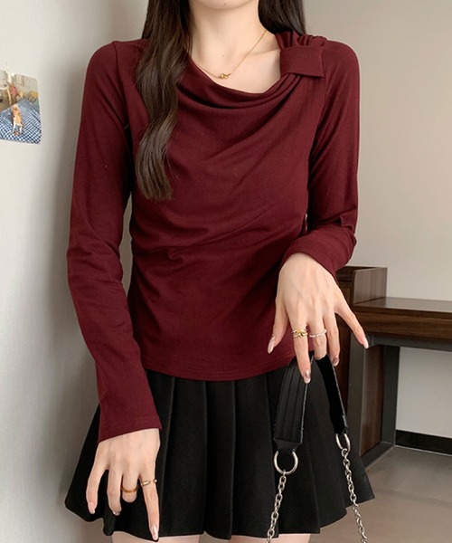 2ly2（トゥーリートゥー）の「ドレープネック リボンデザイン 長袖トップス / ドレープカットソー（Tシャツ/カットソー・レディース・ボルドー/ホワイト/ブラック/ダークグレー・FREE）」の16枚目の写真
