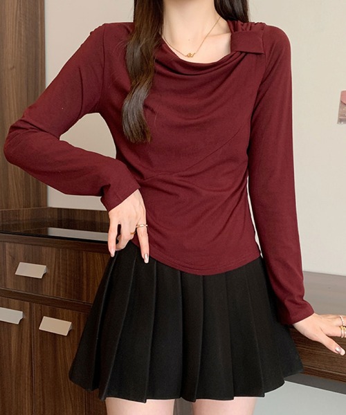 2ly2（トゥーリートゥー）の「ドレープネック リボンデザイン 長袖トップス / ドレープカットソー（Tシャツ/カットソー・レディース・ボルドー/ホワイト/ブラック/ダークグレー・FREE）」の17枚目の写真