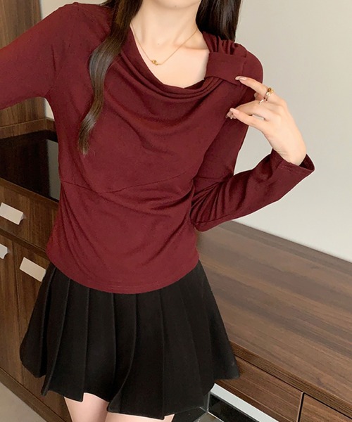 2ly2（トゥーリートゥー）の「ドレープネック リボンデザイン 長袖トップス / ドレープカットソー（Tシャツ/カットソー・レディース・ボルドー/ホワイト/ブラック/ダークグレー・FREE）」の18枚目の写真
