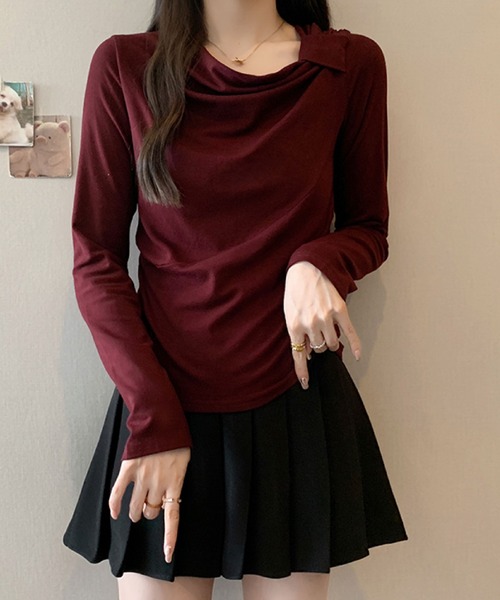 2ly2（トゥーリートゥー）の「ドレープネック リボンデザイン 長袖トップス / ドレープカットソー（Tシャツ/カットソー・レディース・ボルドー/ホワイト/ブラック/ダークグレー・FREE）」の21枚目の写真