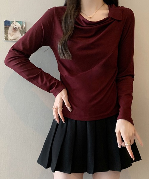 2ly2（トゥーリートゥー）の「ドレープネック リボンデザイン 長袖トップス / ドレープカットソー（Tシャツ/カットソー・レディース・ボルドー/ホワイト/ブラック/ダークグレー・FREE）」の22枚目の写真