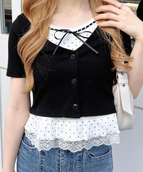 INGNI(イング)の「キャミドットカーデレイヤードトップス(Tシャツ/カットソー・レディース・ブラック/グレー/オフホワイト・M)」の2枚目の写真