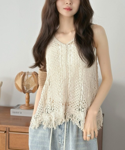 Jewelobe（ジュエローブ）の「透かし編みフリンジトップス（キャミソール・レディース・ホワイト/アイボリー・FREE）」の13枚目の写真