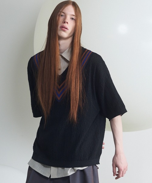 UNISEX》V-neck Tilden Prime-Over Short Sleeve Knit T-shirt/Vネック